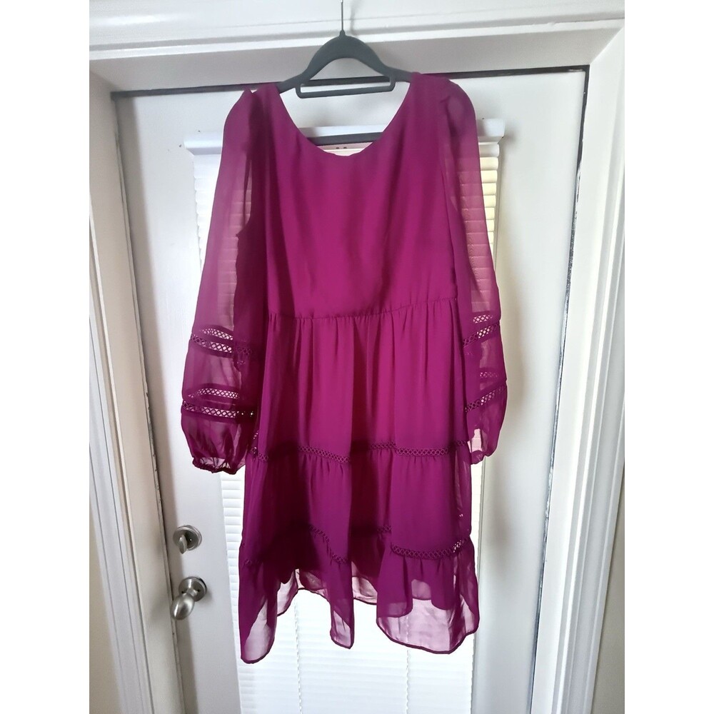 MAISON TARA FLARE PURPLE FUSIA RUFFLE DRESS SIZE 12 Crochet Fit And Flare